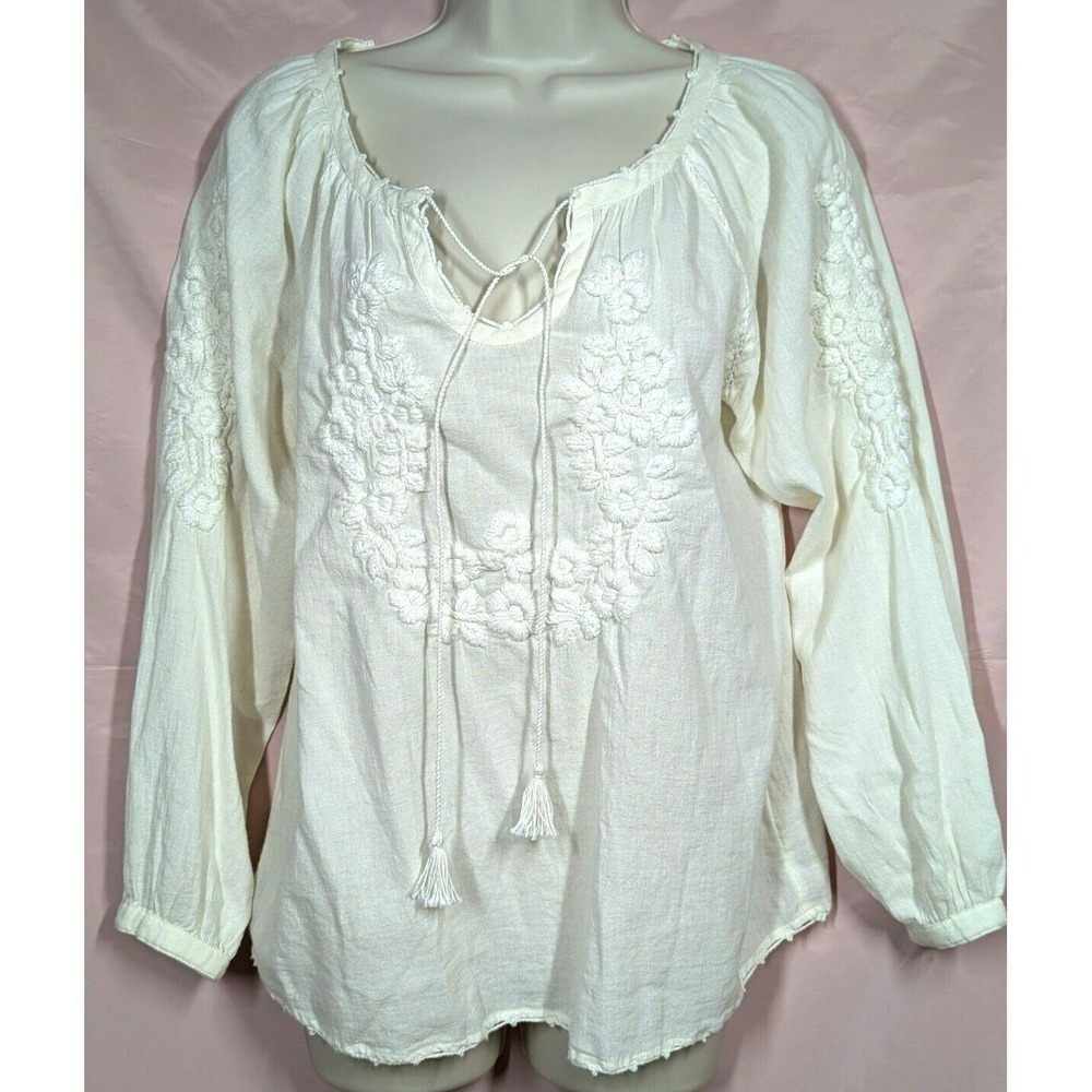 FAHERTY Organic Cotton Blouse M Bohemian Peasant Long Sleeve Embroidered Artsy